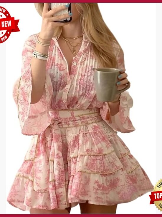 Dresses & Skirts - Floral Ruffle Mini Dress 3/4 Sleeve V Neck Boho Casual Vacation Wear